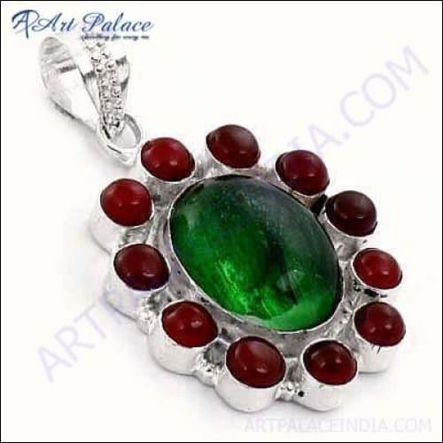 Special Design With Multi Gemstone In Cabochon Shape Pendant, German Silver Jewelry