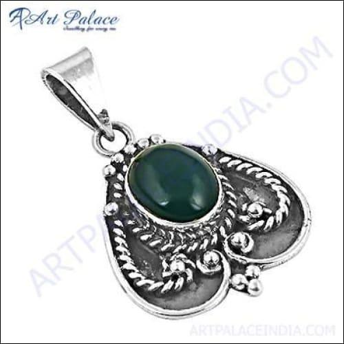 Special Ethnic Design In Silver Pendant With Green Onyx Gemstone, 925 Sterling Silver Jewelry Green Onyx Silver Pendant Handmade Pendant