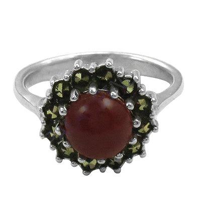 Special Marcasite & Red Onyx Gemstone 925 Silver Ring Graceful Marcasite Rings Trendy Gemstone Rings