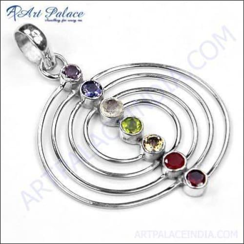 Spiral Designer Multi Stone Silver Pendant