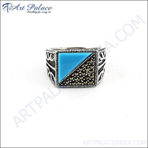 Square Shape Gun Metal & Synthetic Turquoise Silver Ring Faceted Marcasite Rings Turquoise Rings