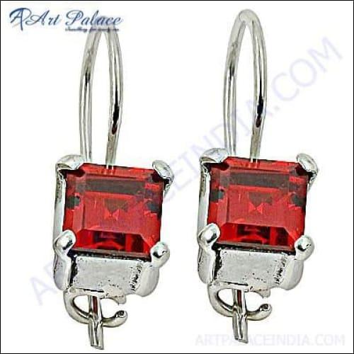 Square Shape Red CZ Silver Earring