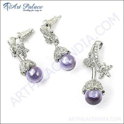 Sterling Silver Cool Pendant Set Gemstone Natural Amethyst & Cubic Zirconia