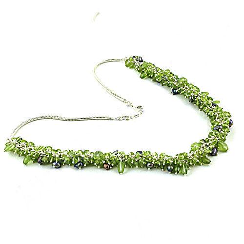 Sterling Silver Peridot And Black Pearl Necklace Charming Beads Necklace Beaded Necklace