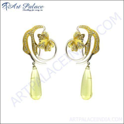 Stylish Cz & Lemon Quartz Silver Earrings, 925 Sterling Silver Jewelry