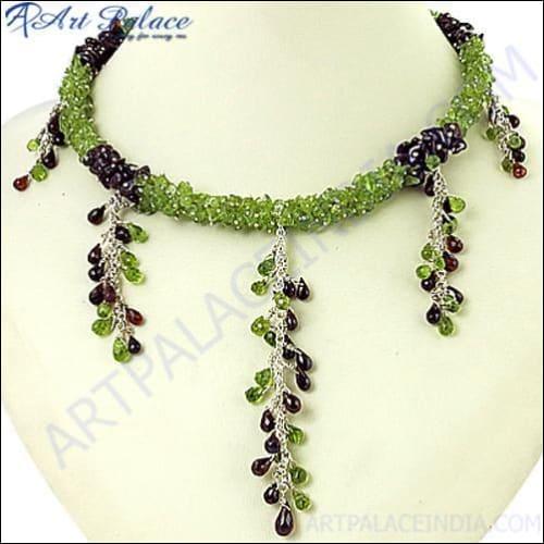 Stylish Garnet And Peridot Silver Necklace