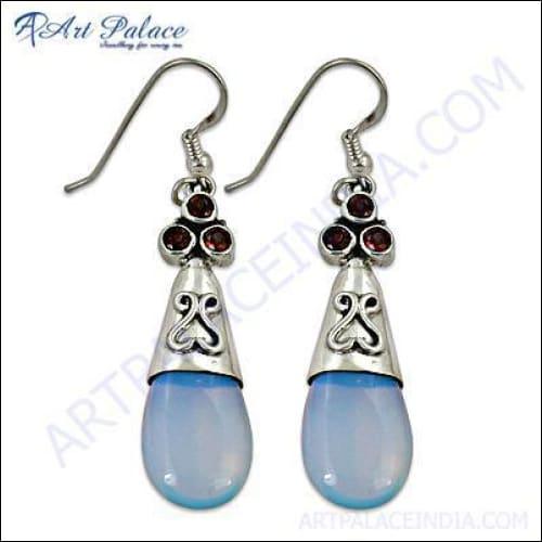 Stylish Garnet & Synthetic Opal Droop Earrings in 925 Silver - Gemstone Jewelry