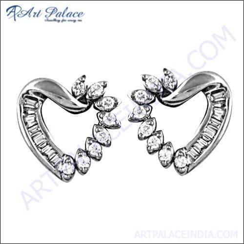 Stylish Heart Silver Stud Earrings With Cubic Zirconia