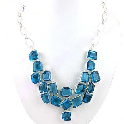 Stylish Large Blue Glass Gemstone German Silver Necklace Blue Glass Necklace Shiny Necklace