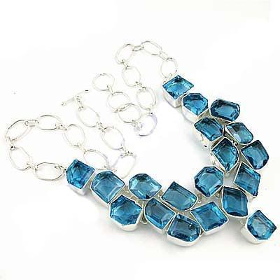 Stylish Large Blue Glass Gemstone German Silver Necklace Blue Glass Necklace Shiny Necklace