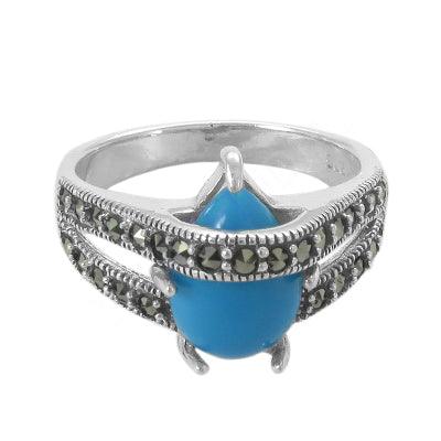 Synthetic Turquoise And Marcasite 925 Silver Ring Gorgeous Marcasite Rings Comfortable Gemstone Rings