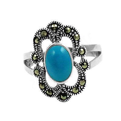 Synthetic Turquoise and Pyrite Stone 925 Silver Ring Stylish Marcasite Rings Beautiful Gemstone Rings