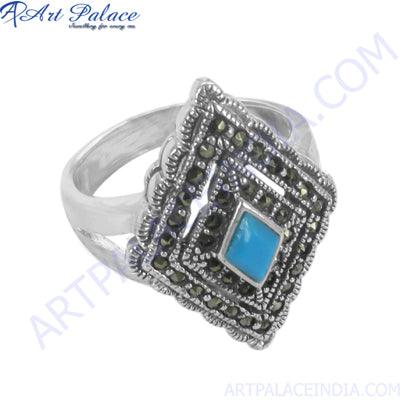 Synthetic Turquoise Gemstone Sterling Silver Ring Latest Marcasite Ring Square Gemstone Ring