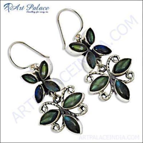 Elegant Three Leaves Silver Long Labradorite Earrings - 925 Sterling Silver