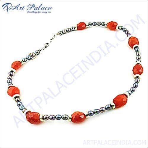 Top Design & Antique Black Pearl & Red Onyx Gemstone Silver Necklace