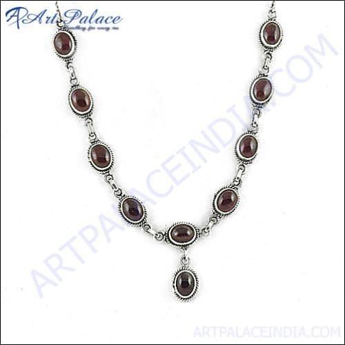 Top Design Garnet Gemstone Silver Necklace Oval Gemstone Necklace Pretty Garnet Necklace