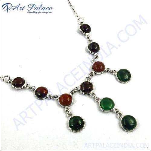 Top Quality Fashionable Green & Red Onyx Gemstone Silver Necklace