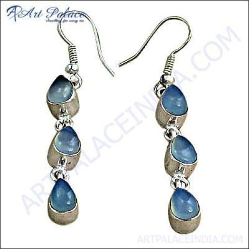 Top Quality Blue Chalcedony Gemstone Earrings in 925 Silver