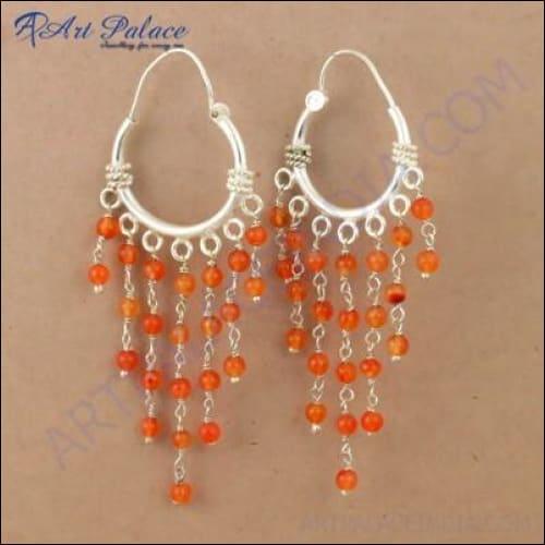 Top Quality Carnelian Gemstone Silver Beaded Bali Earrings