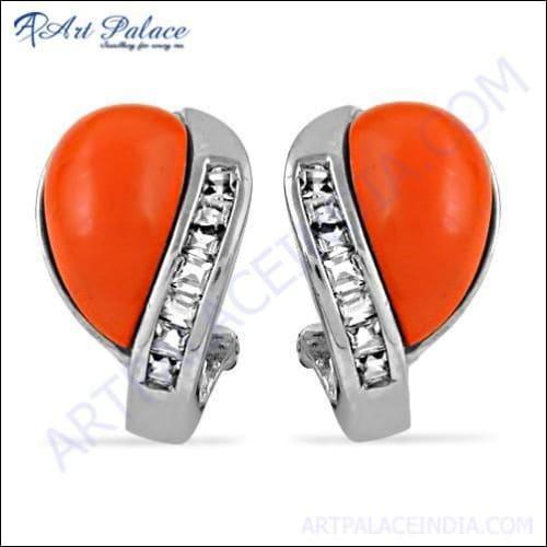 Top Quality Coral & Cubic Zirconia Gemstone Silver Earrings