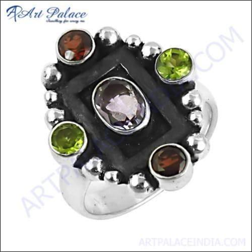 Traditional Amethyst & Garnet & Peridot Gemstone Silver Ring, 925 Sterling Silver Jewelry