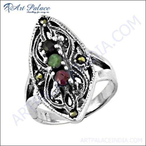 Traditional Black Onyx & Died Ruby & Green Aventurine & Gun Metal Gemstone Silver Marcasite Ring