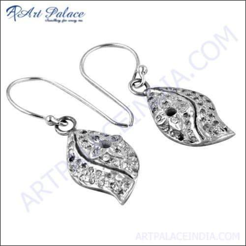 Traditional Cubic Zirconia Gemstone Silver Earrings in Leaf Style