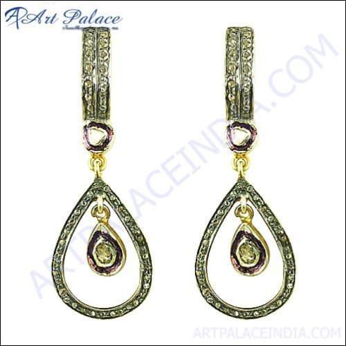 Traditional Deisgner Diamond Gold Plated Silver Earrings Feminine Victorian Earrings Gorgeous Victorian Earrings