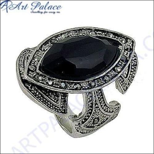 Traditional Designer Black Glass & Gun Metal Gemstone Silver Marcasite Ring Solid Marcasite Rings Marcasite Rings