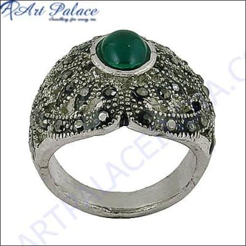 Traditional Designer Green Onyx & Gun Metal Gemstone Silver Marcasite Ring Gemstone Marcasite Rings Marcasite Rings