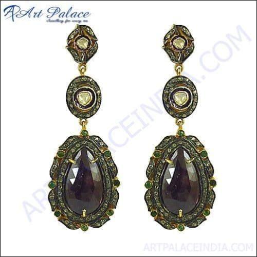 Traditional Diamond Gold Plated Silver Earrings Victorian Silver Jewelry, 925 Sterling silver