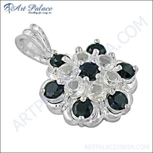 Traditional Flower Style Black & White Cz Gemstone Silver Pendant