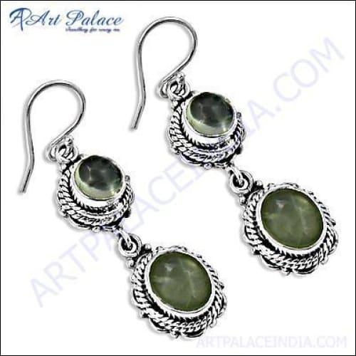 Elegant Prehnite Gemstone Silver Earrings - Traditional Design