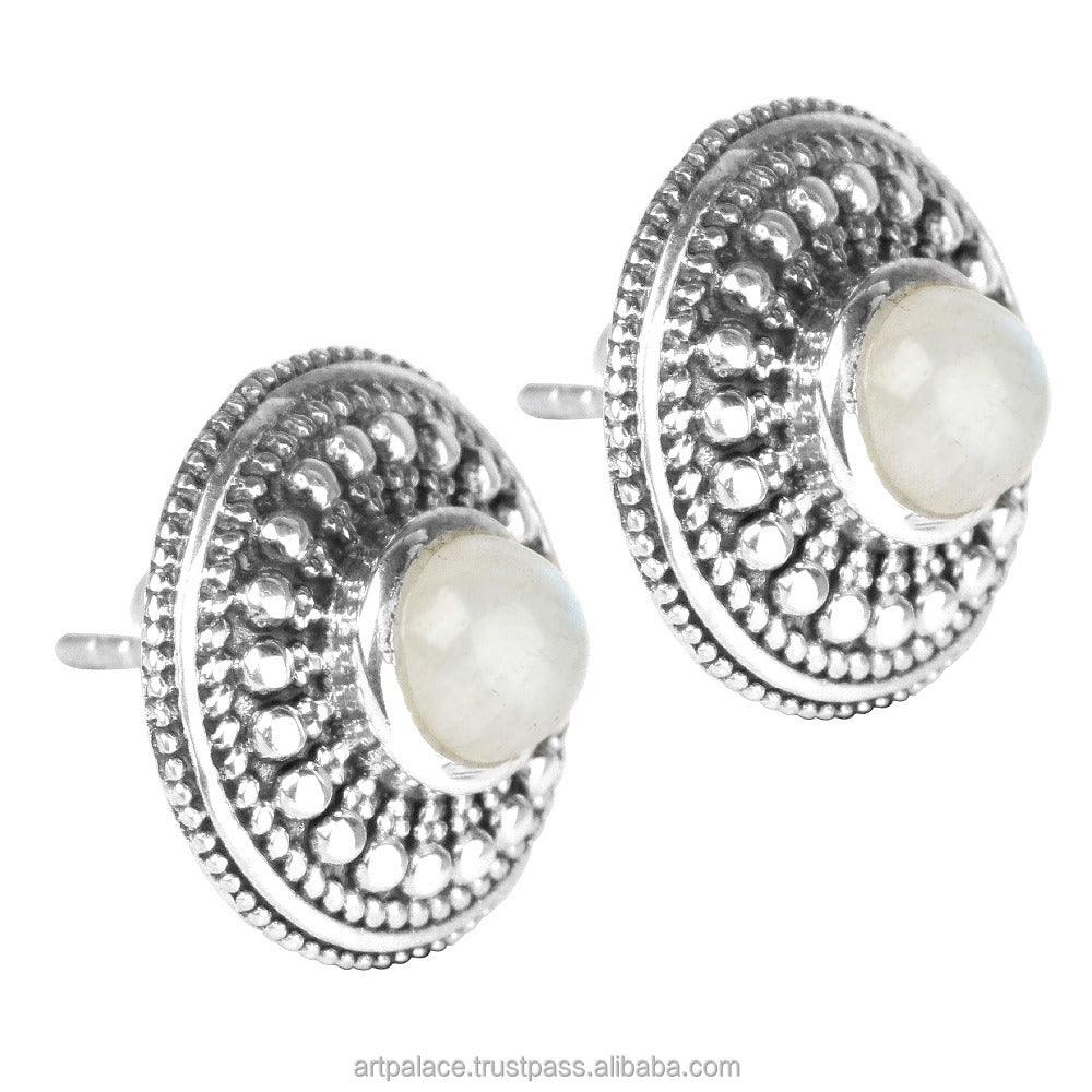 Traditional Round Rainbow Moonstone 925 Silver Stud Earring Ethnic Gemstone Earring Rainbow Moonstone Earring