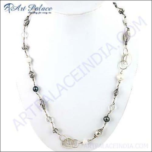 Trendy Crystal, Pearl & White Onyx Gemstone Silver Necklace