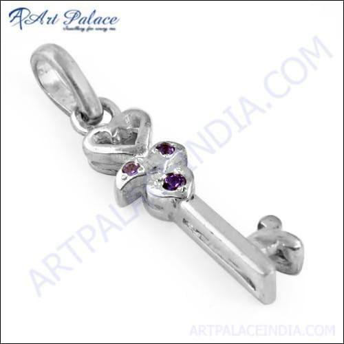 Trendy Key Style Amethyst Zircon Gemstone Silver Pendant