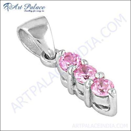 Trendy Pink Cubic Zirconia Gemstone Silver Pendant