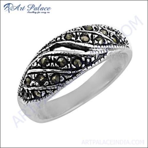 Truly Designer Gun Metal Gemstone Silver Marcasite Ring