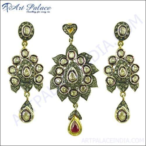 Ultimate Gold Plated Diamond & Ruby Silver Earrings & Pendant Set Diamond Victorian Sets Fashion Victorian Sets