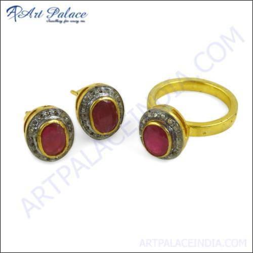 Ultimate Gold Plated Valuable Diamond & Ruby Silver Earrings & Ring Set For Bridel Diamond & Ruby Victorian Sets Excellent Victorian Sets