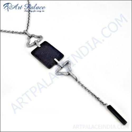 Uniqe Style Blue SendStone & Cubic Zirconia Gemstone Silver Necklace Artisanal Cz Necklace Fancy Necklace Cz Necklace