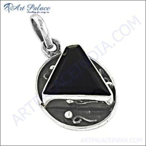 Unique Ethnic Design In Silver Pendant With Black Ony Gemstone, 925 Sterling Silver Jewelry Black Onyx Pendant Casual Pendant