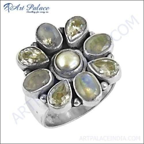 Unique Flower Style Cubic Zirconia & Pearl & Rainbow Moonstone Silver Ring, 925 Sterling Silver Jewelry