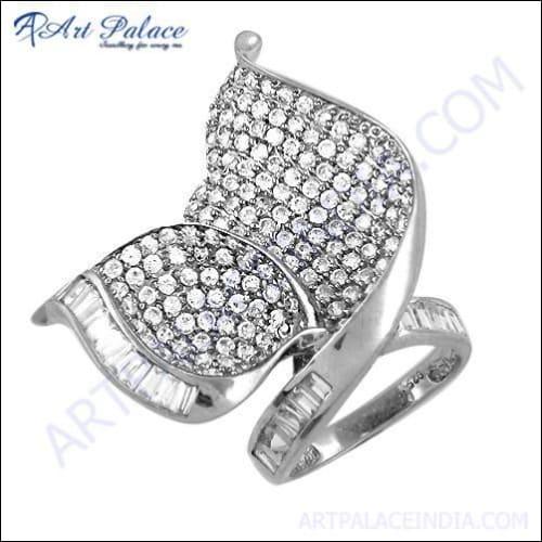 Unique Leaf Design Silver Cubic Zirconia Gemstone Ring