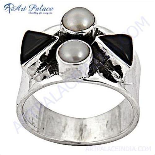 Unique Style Black Onyx & Pearl Silver Party Ring