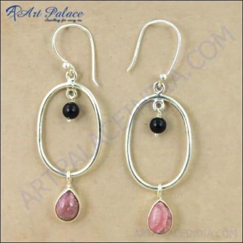 Unique Style Black Onyx & Rhodochrosite Gemstone Silver Earrings Fancy Design Earrings