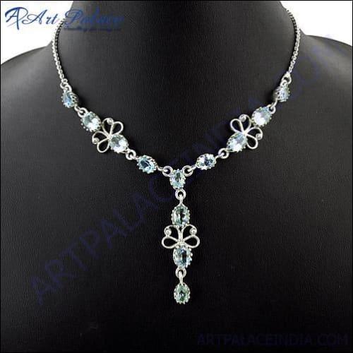 Unique Style Blue Cubic Zirconia Gemstone Silver Necklace