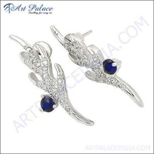Unique Style Ink & White CZ Silver Earring 925 Silver Earring Stylish CZ Earring