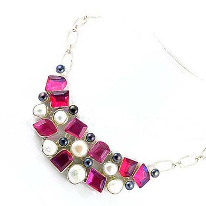 Valuable Pearl & Pink Glass Stone 925 Silver Necklace Magnificent Necklace Latest Necklace