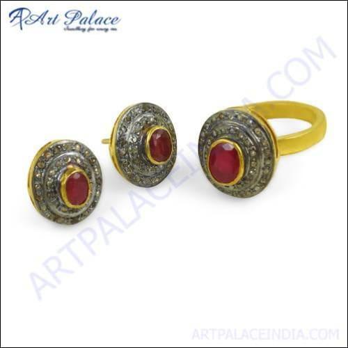 Victorian Designer Diamond & Ruby Gold Plated Silver Earrings & Ring Set Feminine Victorian Sets Diamond & Ruby Sets Adorable Victorian Sets